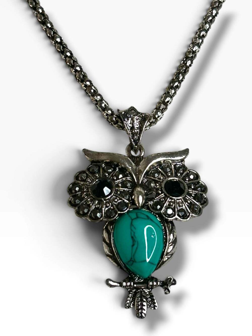 Silver Owl Statement Pendant Necklace Bluish Green Faux Turquoise Stone